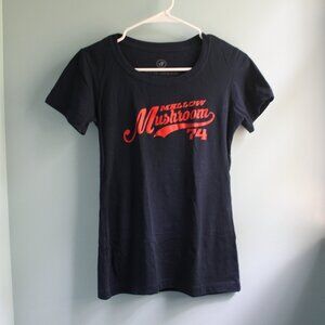 Mellow Mushroom women's fitted T-shirt. Scoop neck. Navy blue & red, S